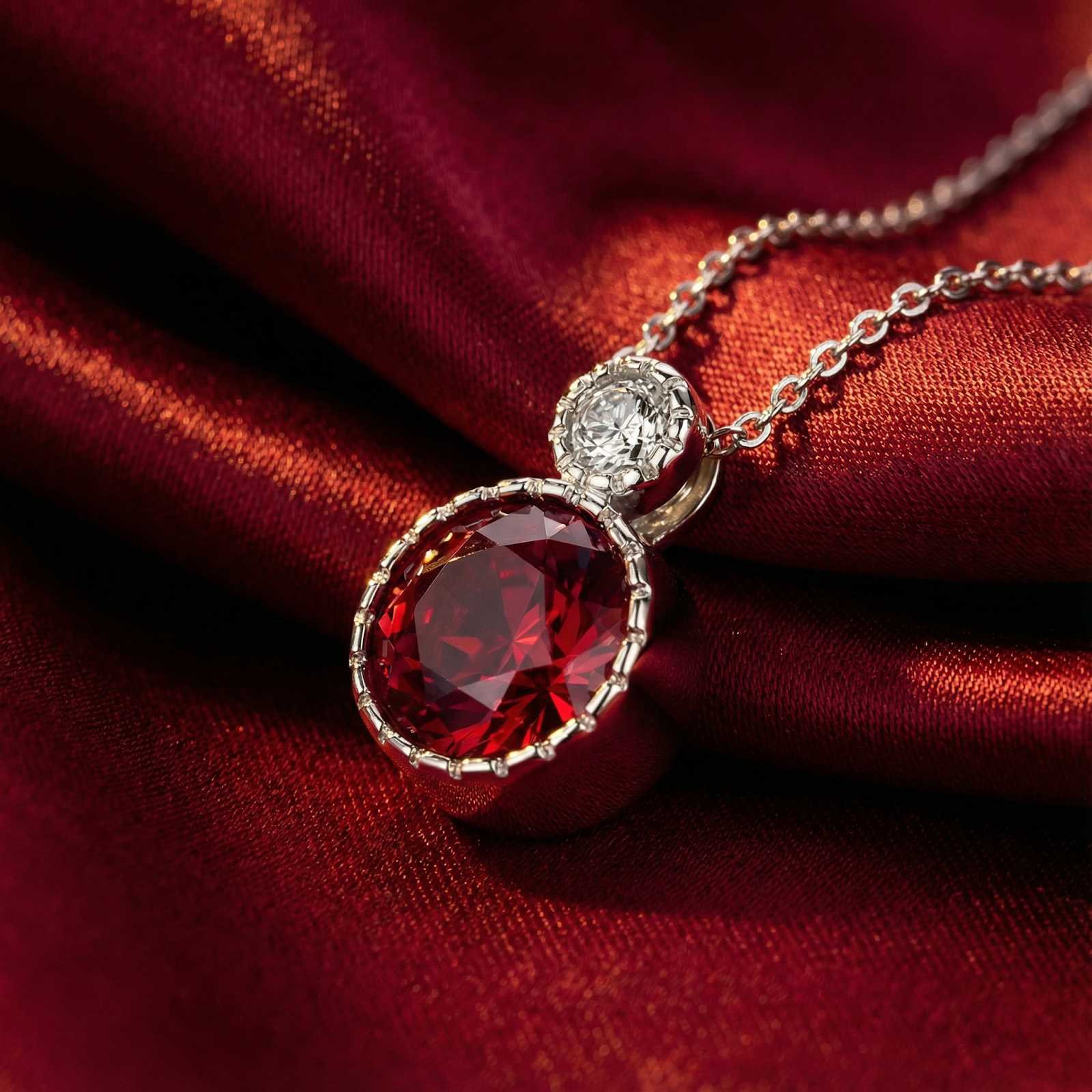 Macro view of the round cut pigeon blood simulated ruby and silver setting on red fabric.