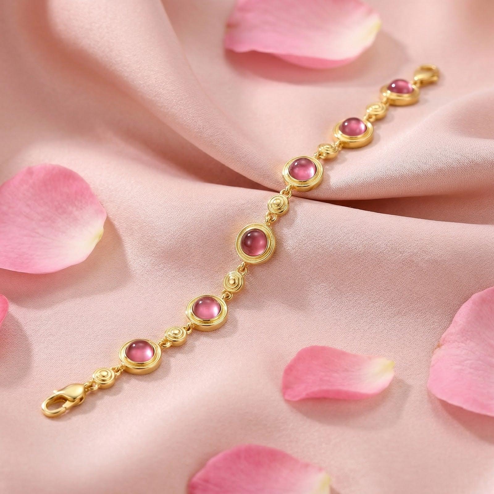 Detailed view of the yellow gold vermeil chain and round pink tourmaline cabochon stones on pink silk.