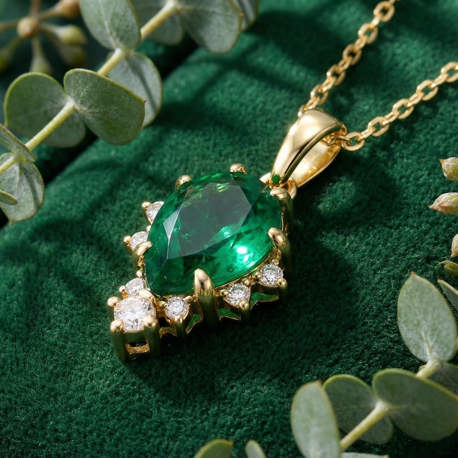 Macro view of a pear-cut simulated emerald necklace in 18K gold vermeil on green velvet with eucalyptus leaves.