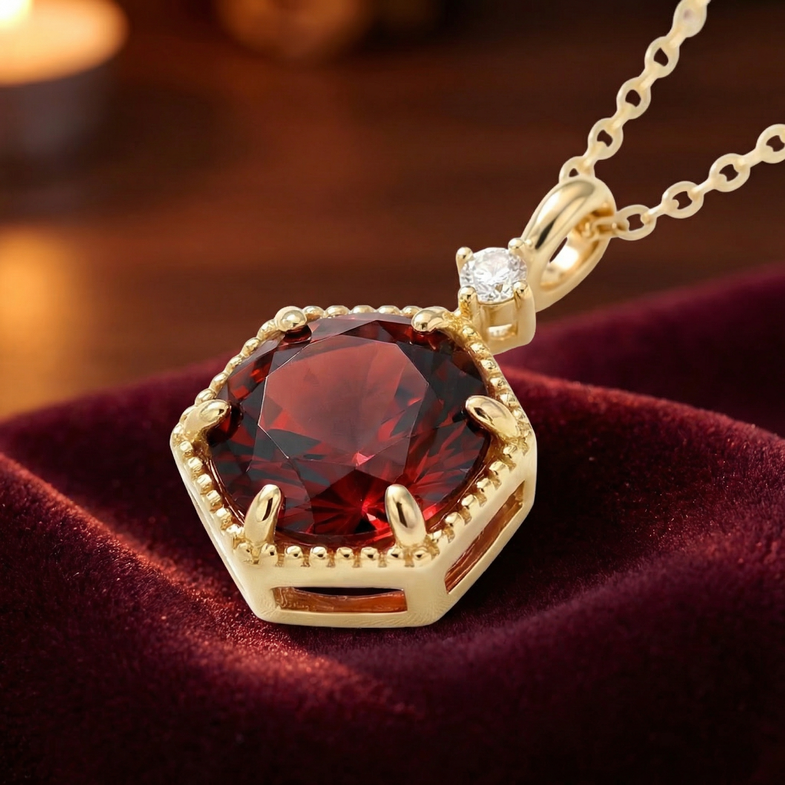 Side view of the Kyra Hex necklace showing the deep red hexagon cut simulated garnet and 18K gold vermeil setting.
