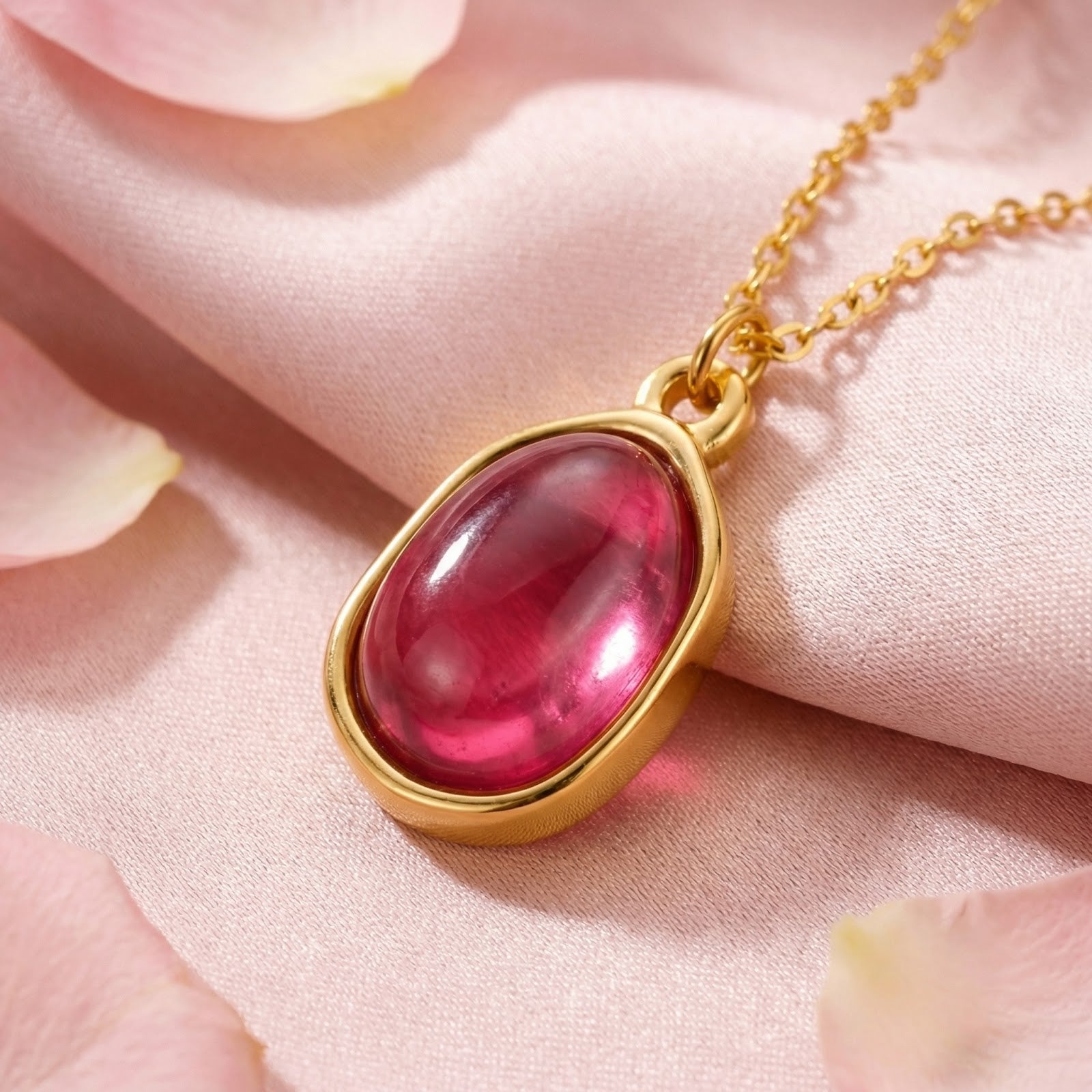 Close-up of a teardrop pink tourmaline pendant in a gold-finished bezel setting on pink fabric.