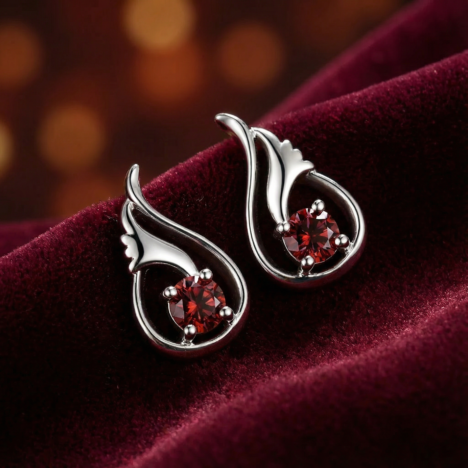 Macro shot of the sterling silver tulip setting and round red garnet on the Tulipia drop earrings.