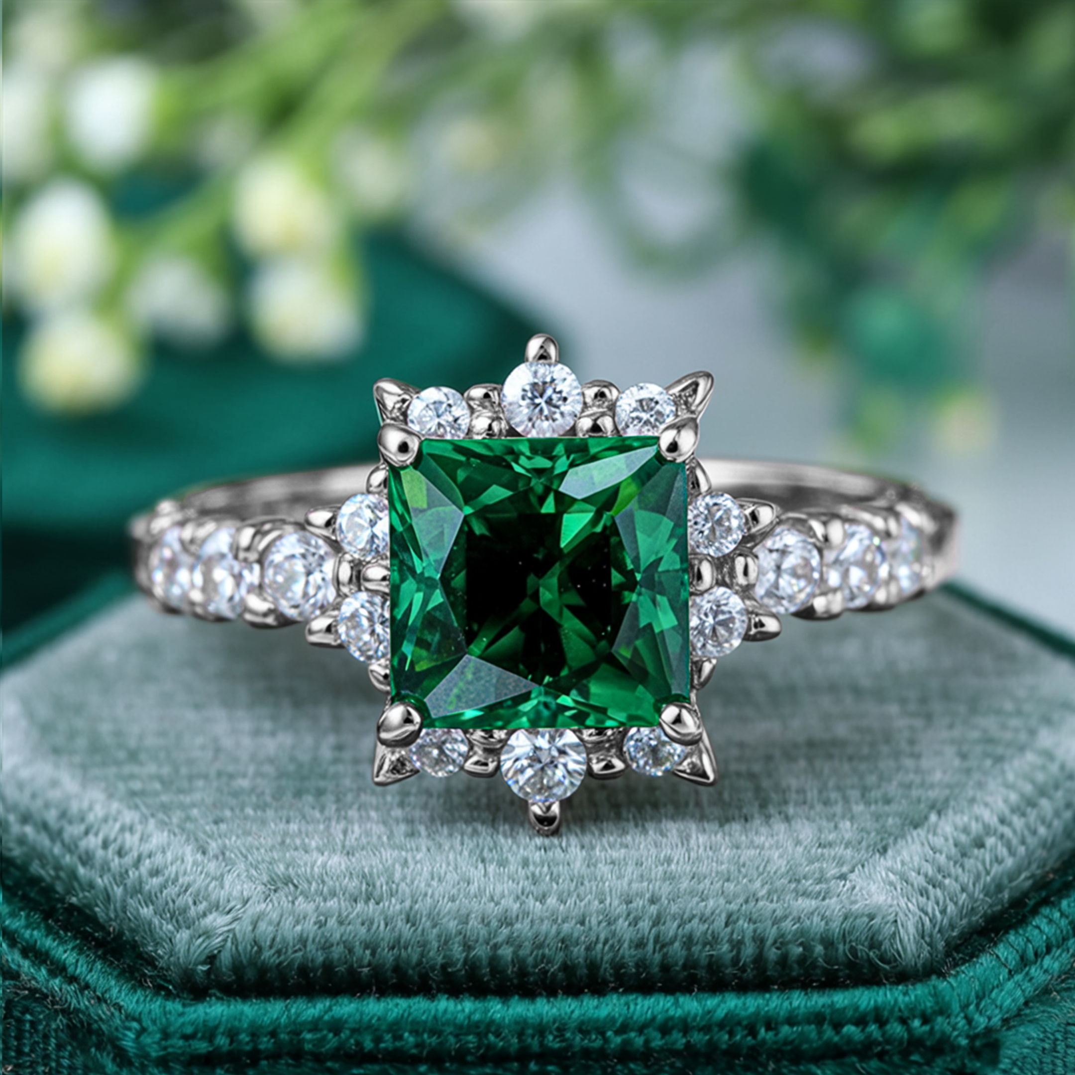 The Caterina 1CT Princess Cut Green Moissanite Ring