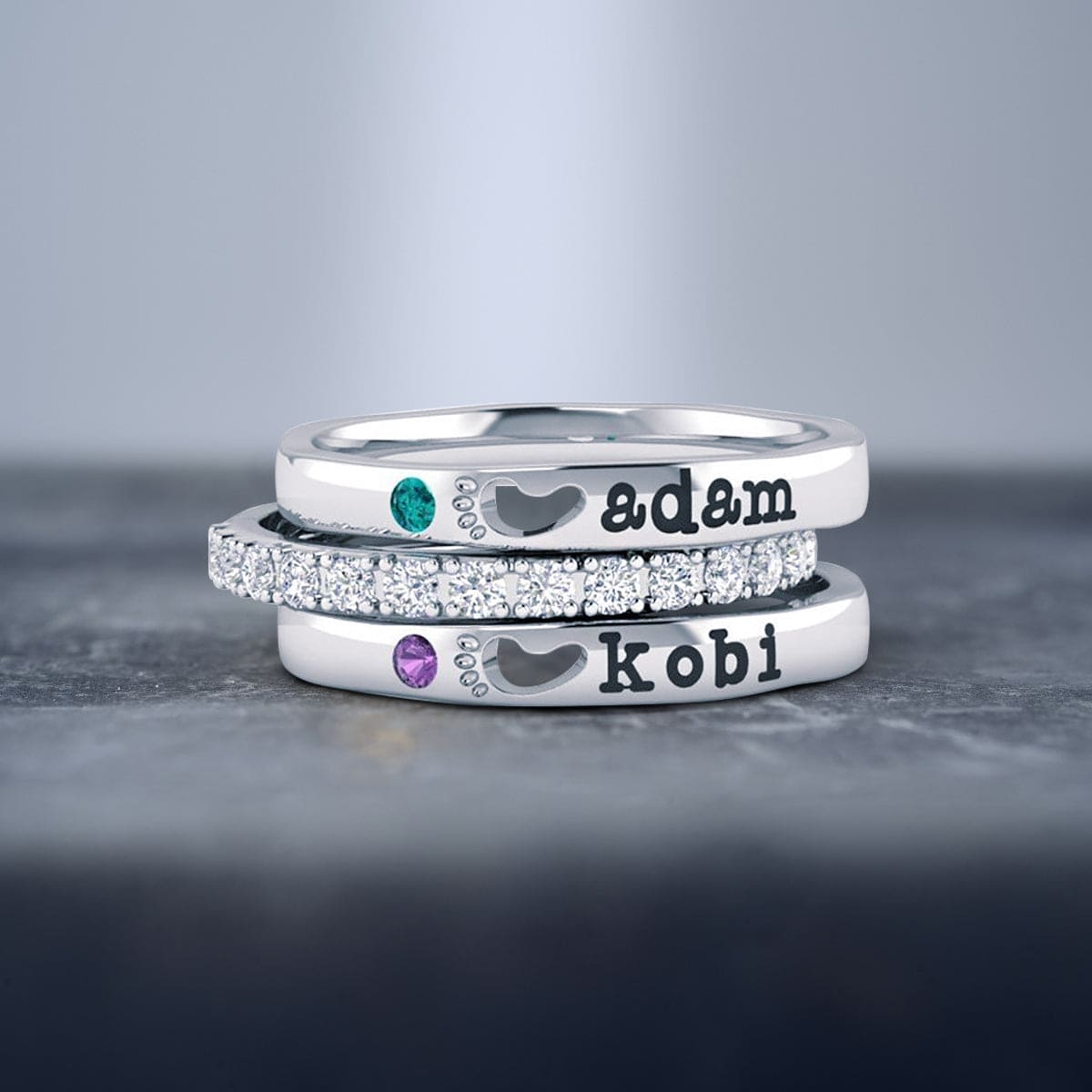 Personalized Baby Feet Birthstone Stacking Name Rings - S925 Sterling Silver