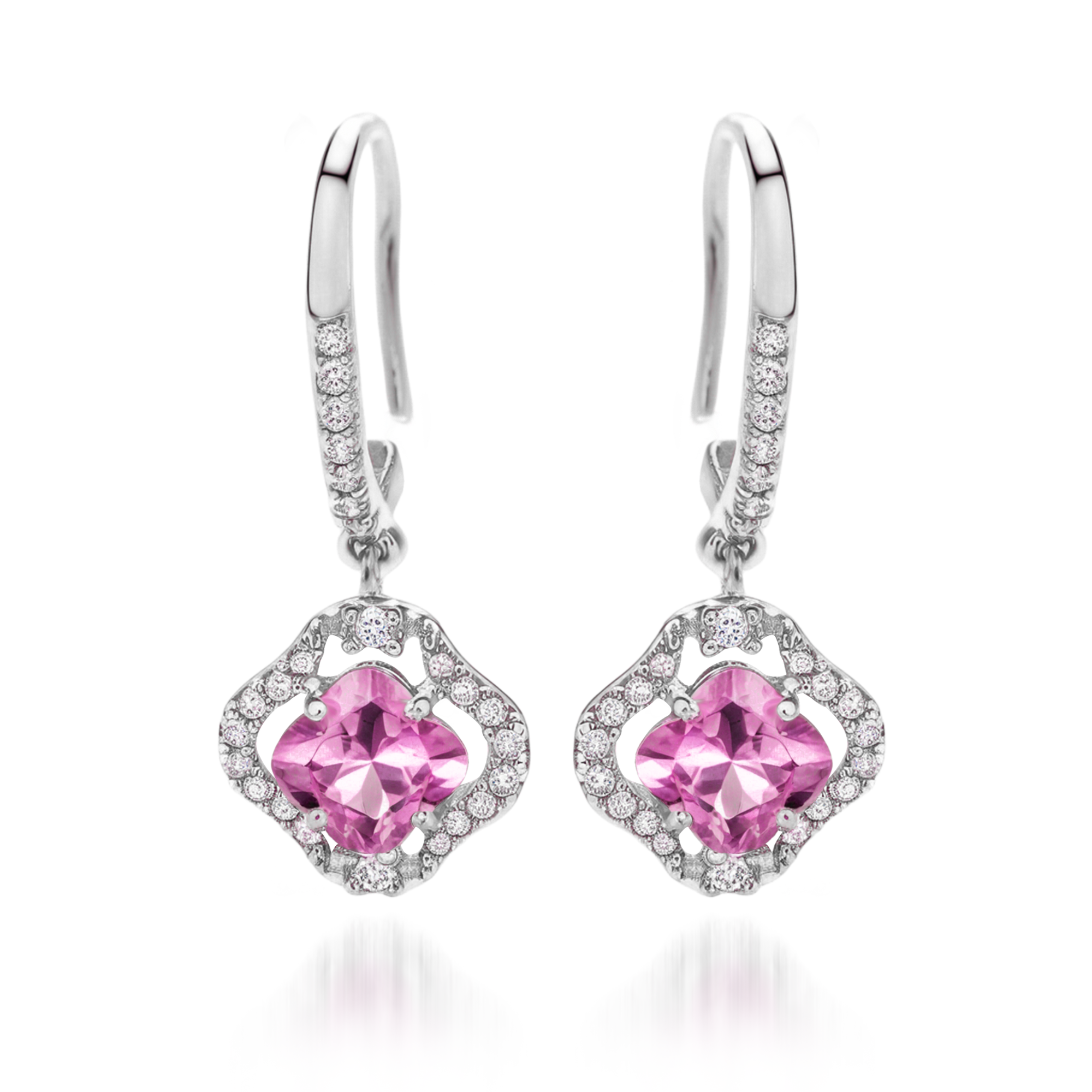 Boucles d'oreilles pendantes trèfle rose diamant