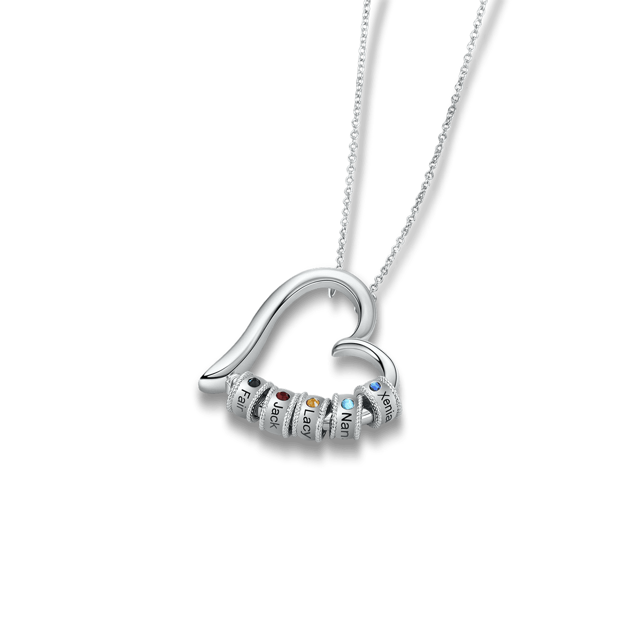 Collar familiar personalizado con piedra natal en forma de corazón y nombres - Acero inoxidable