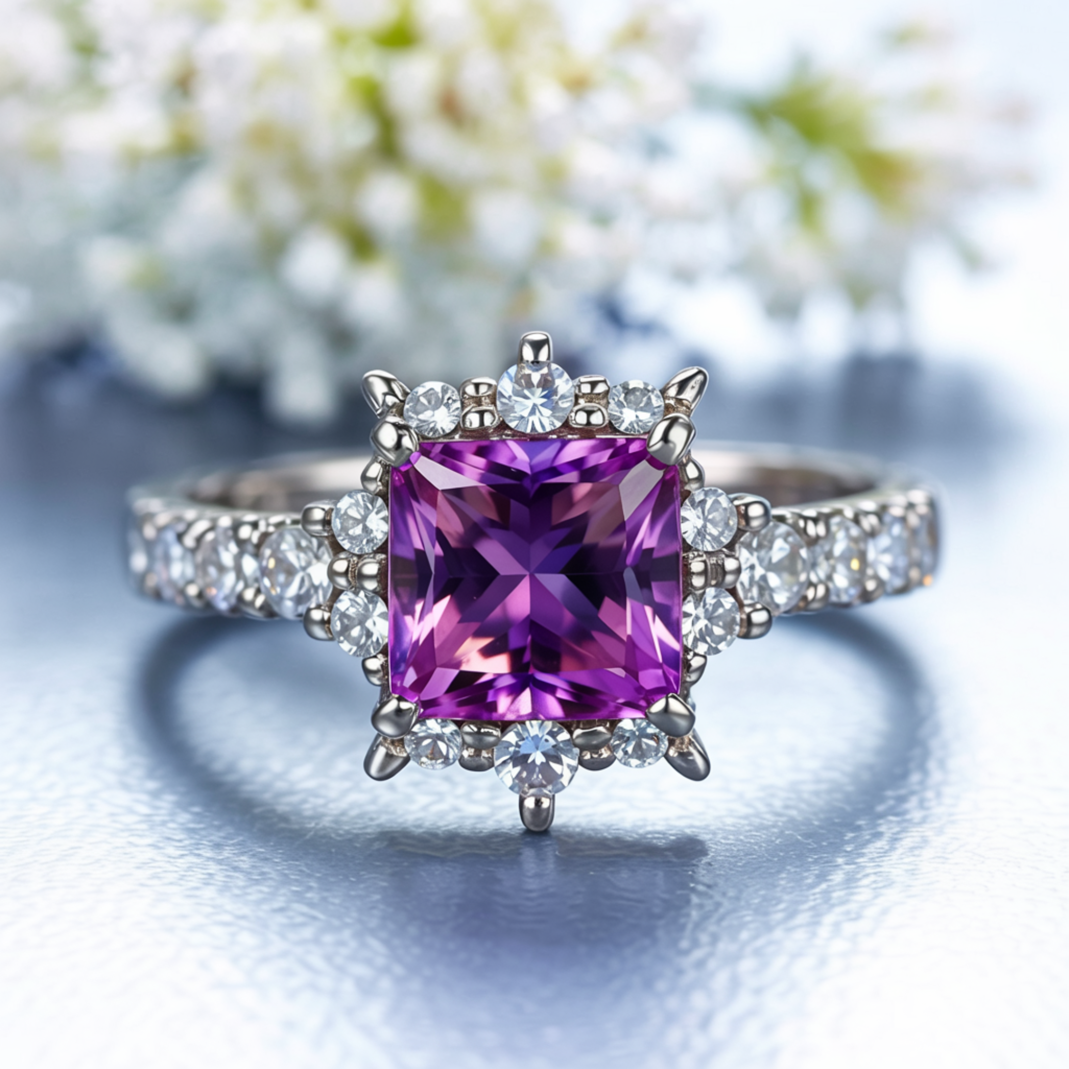 The Caterina 1CT Princess Cut Purple Moissanite Ring