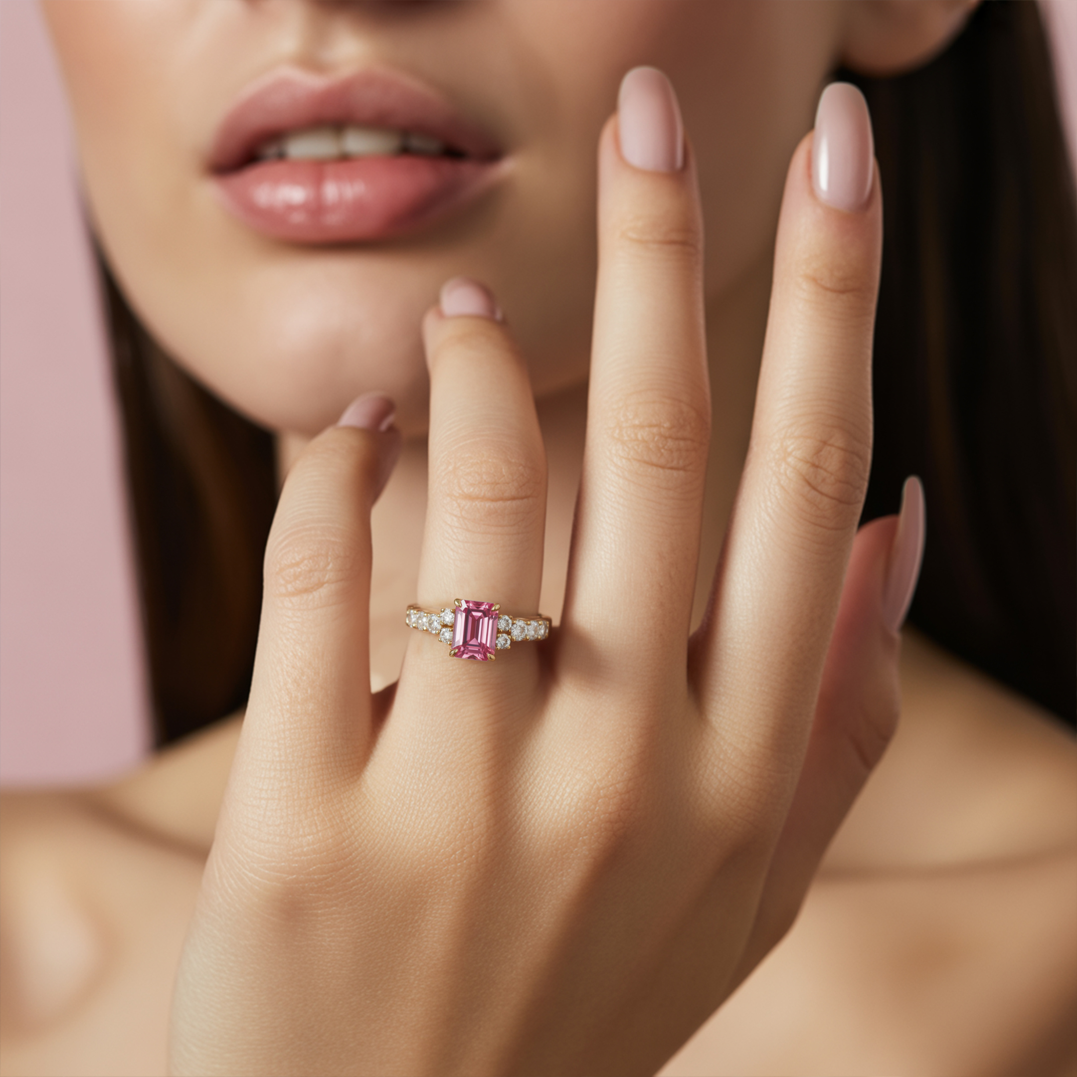 The Adelina Rae 2CT Emerald Cut Pink Moissanite Ring