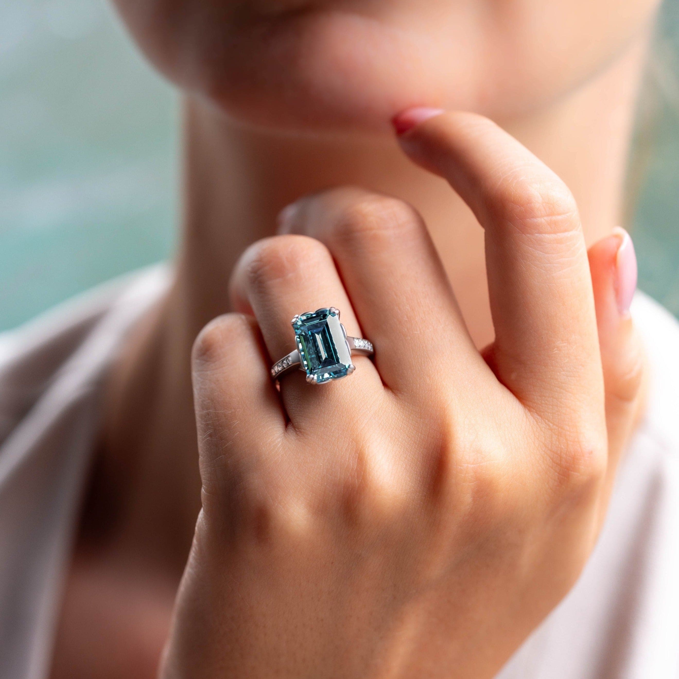 Azure Dream: Emerald-Cut Sculpted Ring - S925 Sterling Silver