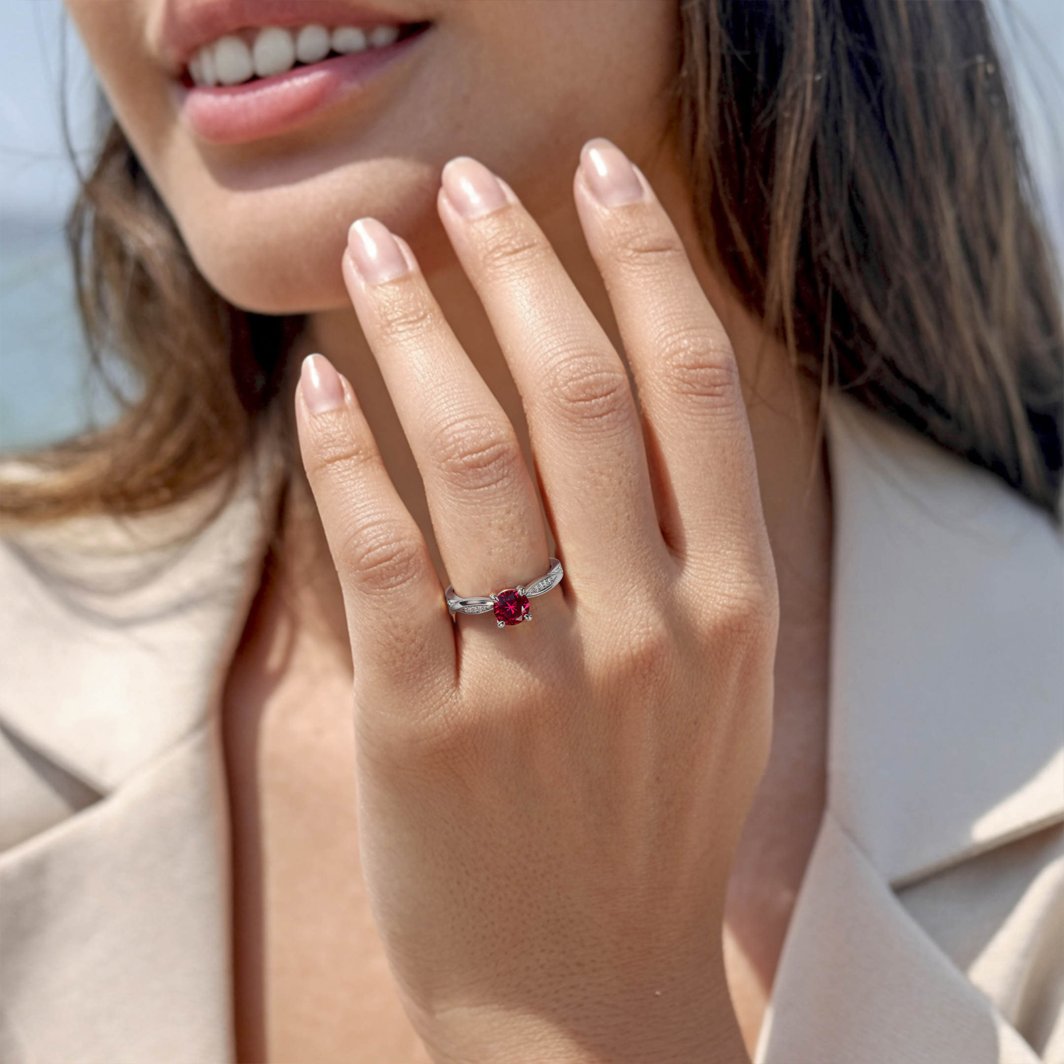 Twisted Band 1CT Round Cut Red Moissanite Ring