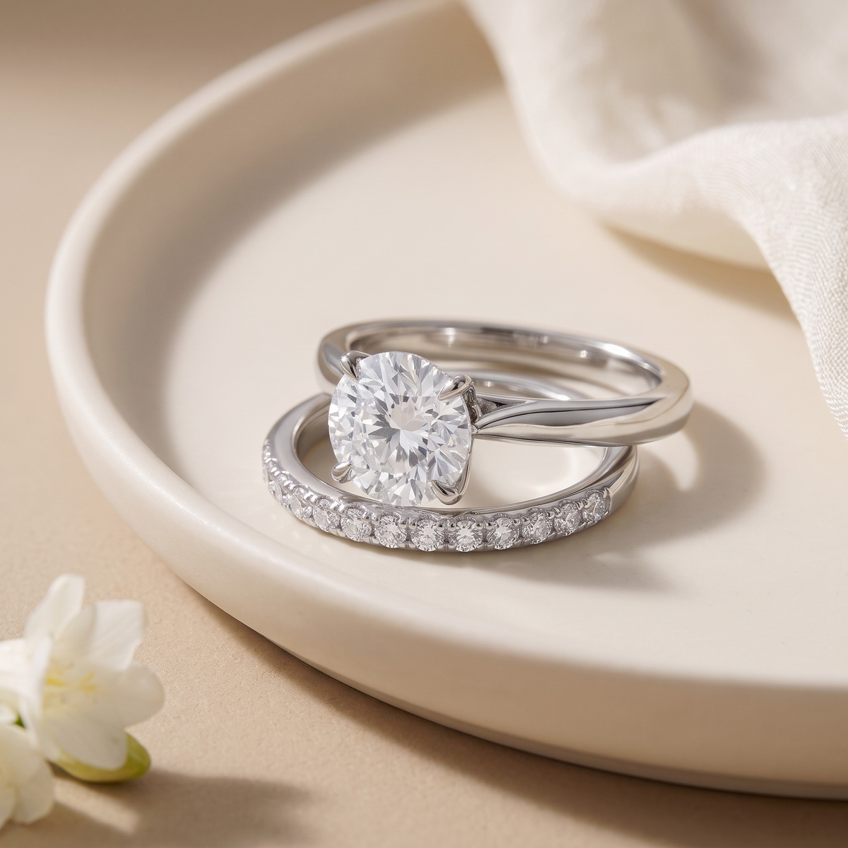 Round-cut moissanite solitaire and separate pavé band in silver, angled closeup.