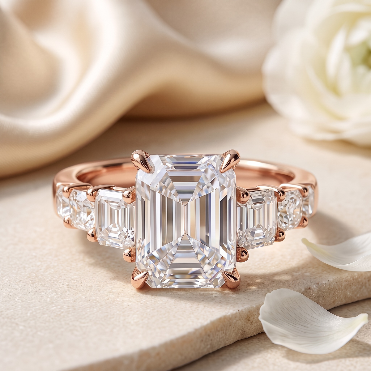 The Nora Jane emerald-cut moissanite ring in rose gold, front product view.