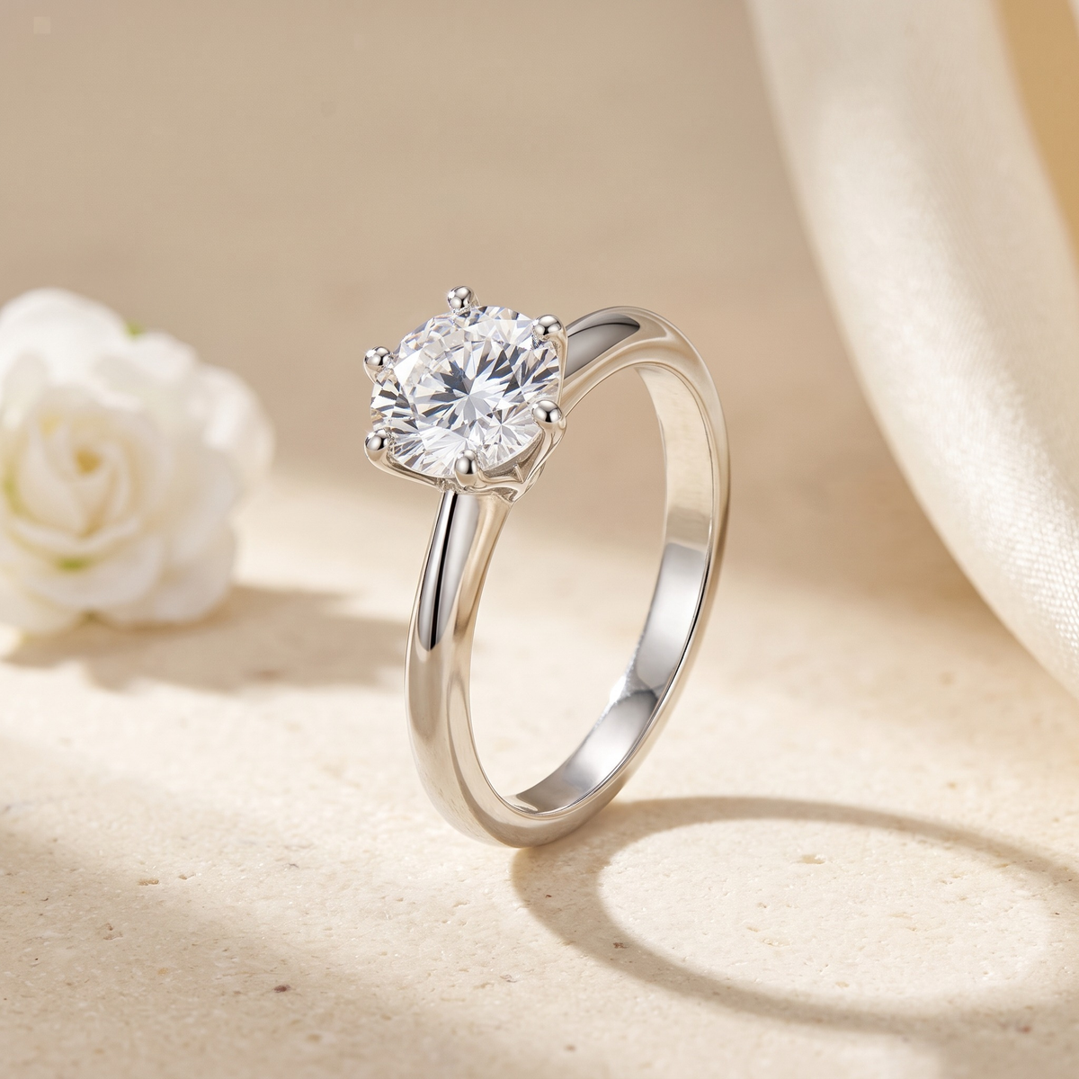 3CT brilliant round moissanite solitaire in silver, isolated product view