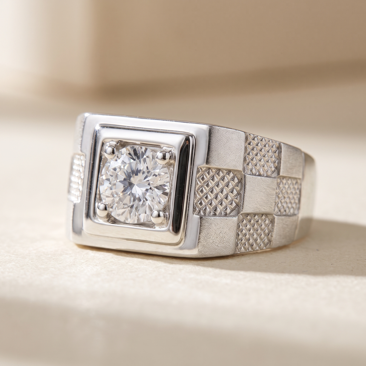Men’s checkered moissanite ring in silver, angled close-up