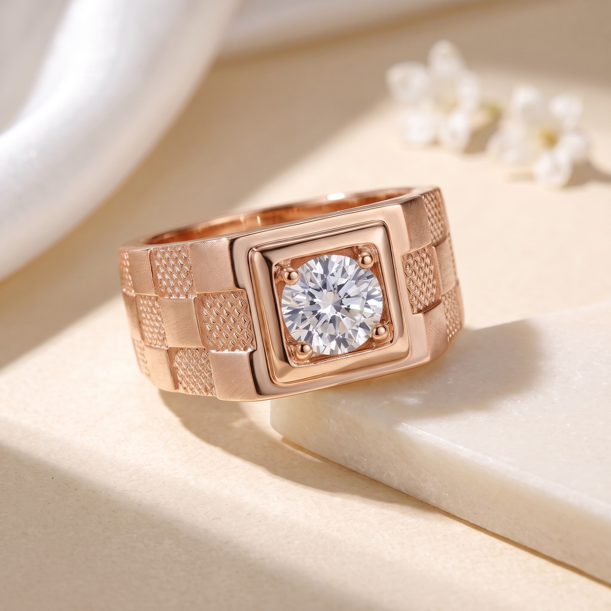 Men’s checkered moissanite ring in rose gold, isolated product view