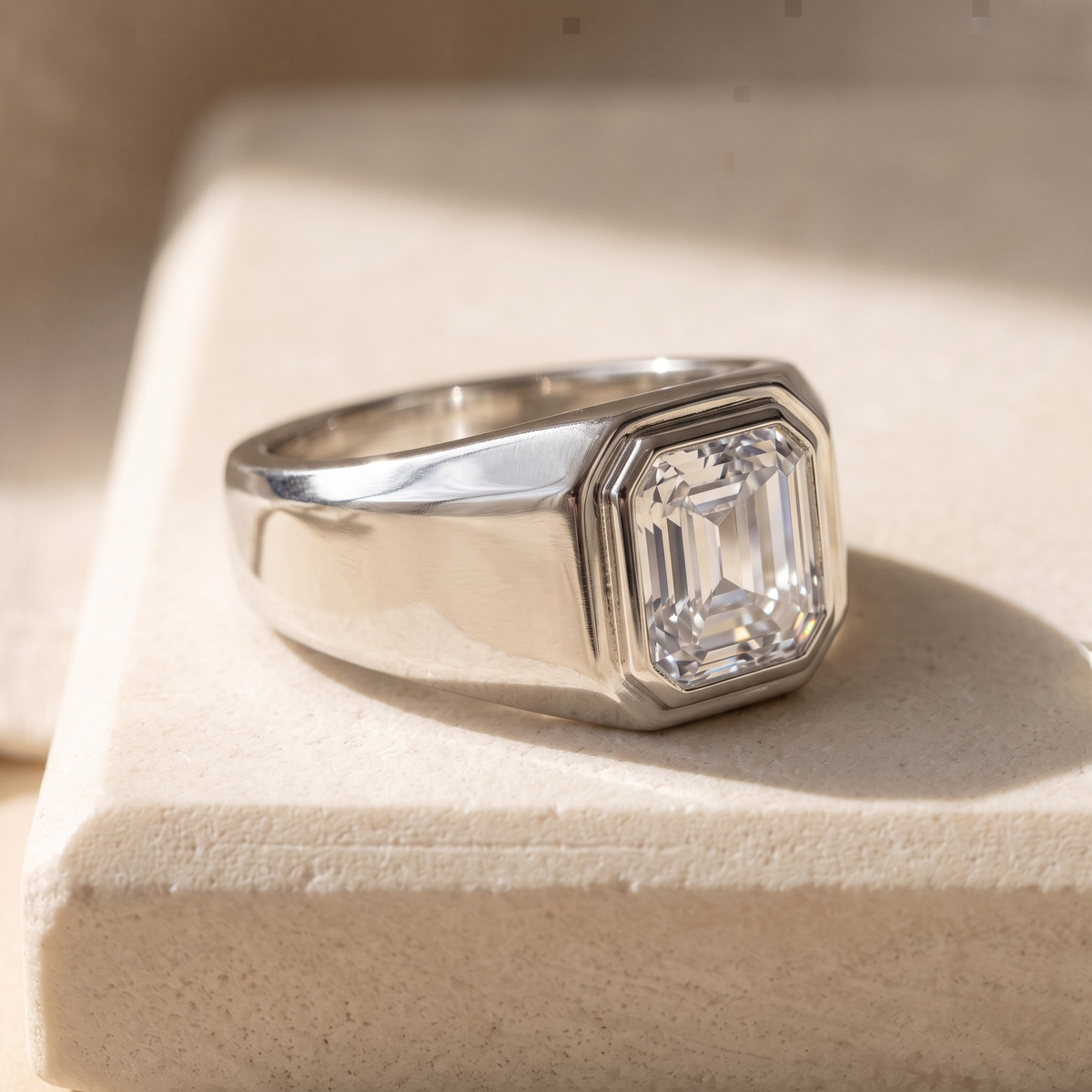 Minimal Bezel Set Men's Moissanite Ring — Silver 45-degree macro closeup