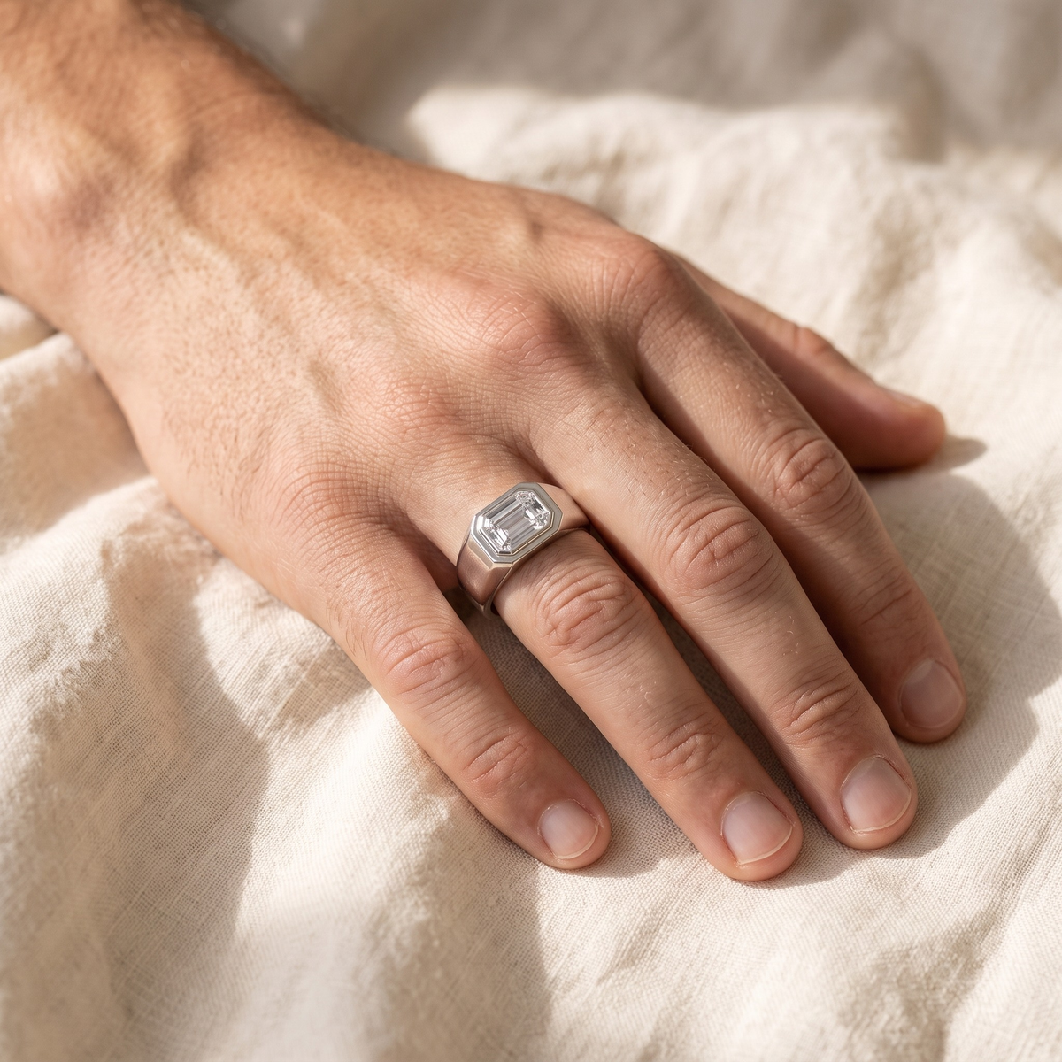 Minimal Bezel Set Men's Moissanite Ring — Silver model closeup