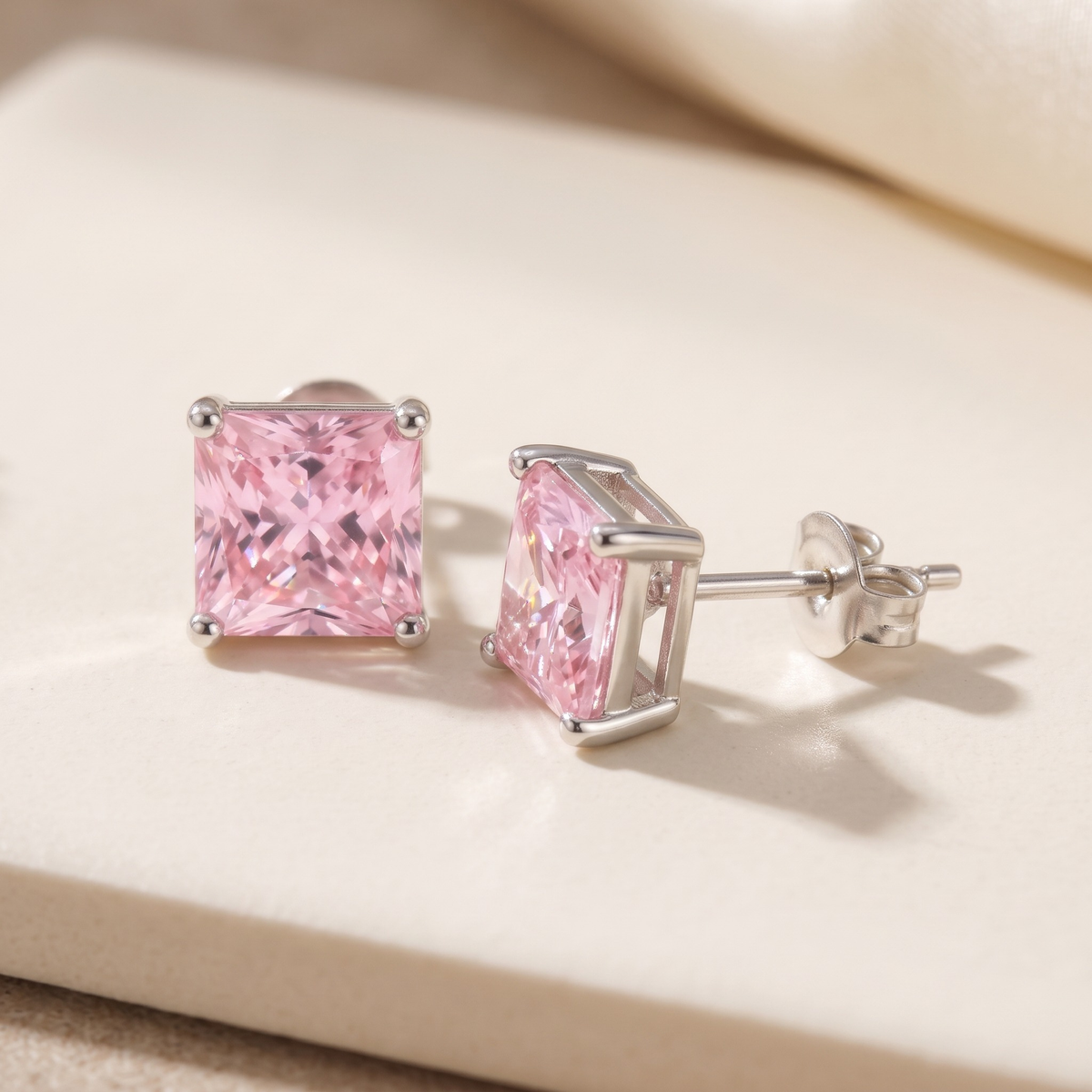 Blush Pink Princess Stud Earrings — Silver 45-degree macro closeup