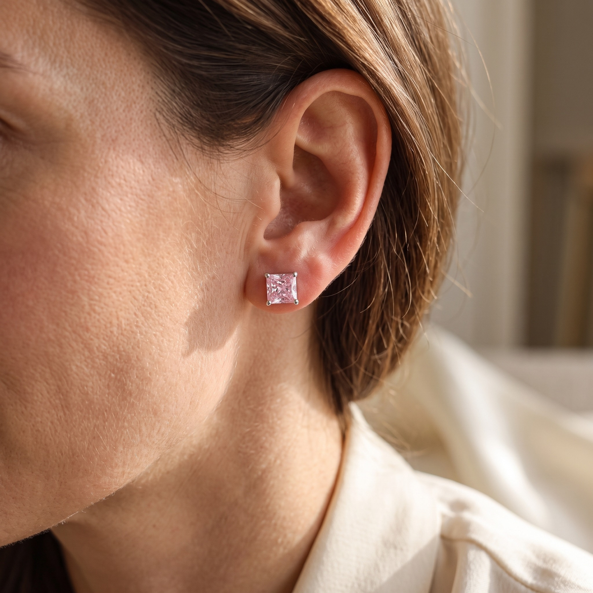 Blush Pink Princess Stud Earrings — Silver model closeup