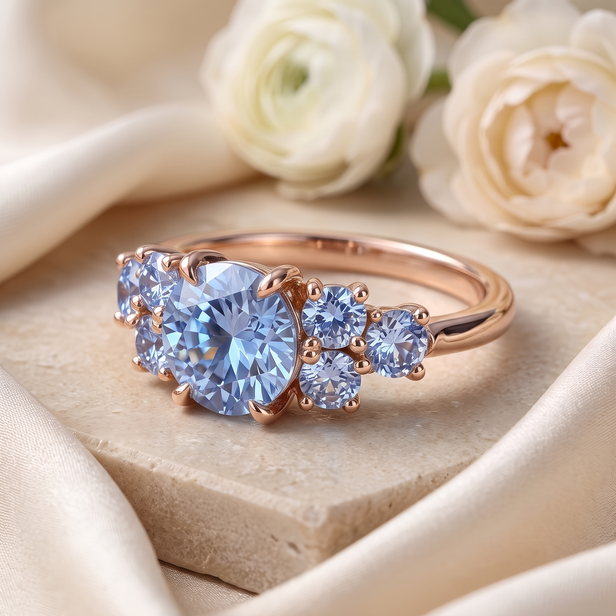 The Carina blue gemstone ring in rose gold, angled closeup.