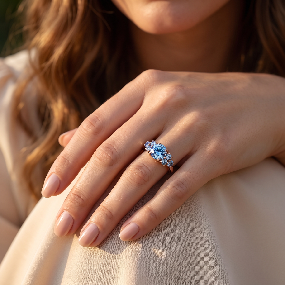 The Carina blue gemstone ring in rose gold worn on a model's hand resting on her knee.