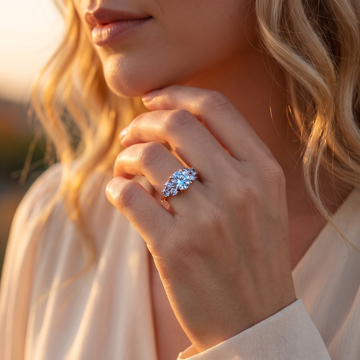 The Carina blue gemstone ring in rose gold worn on a model's hand near her chin.