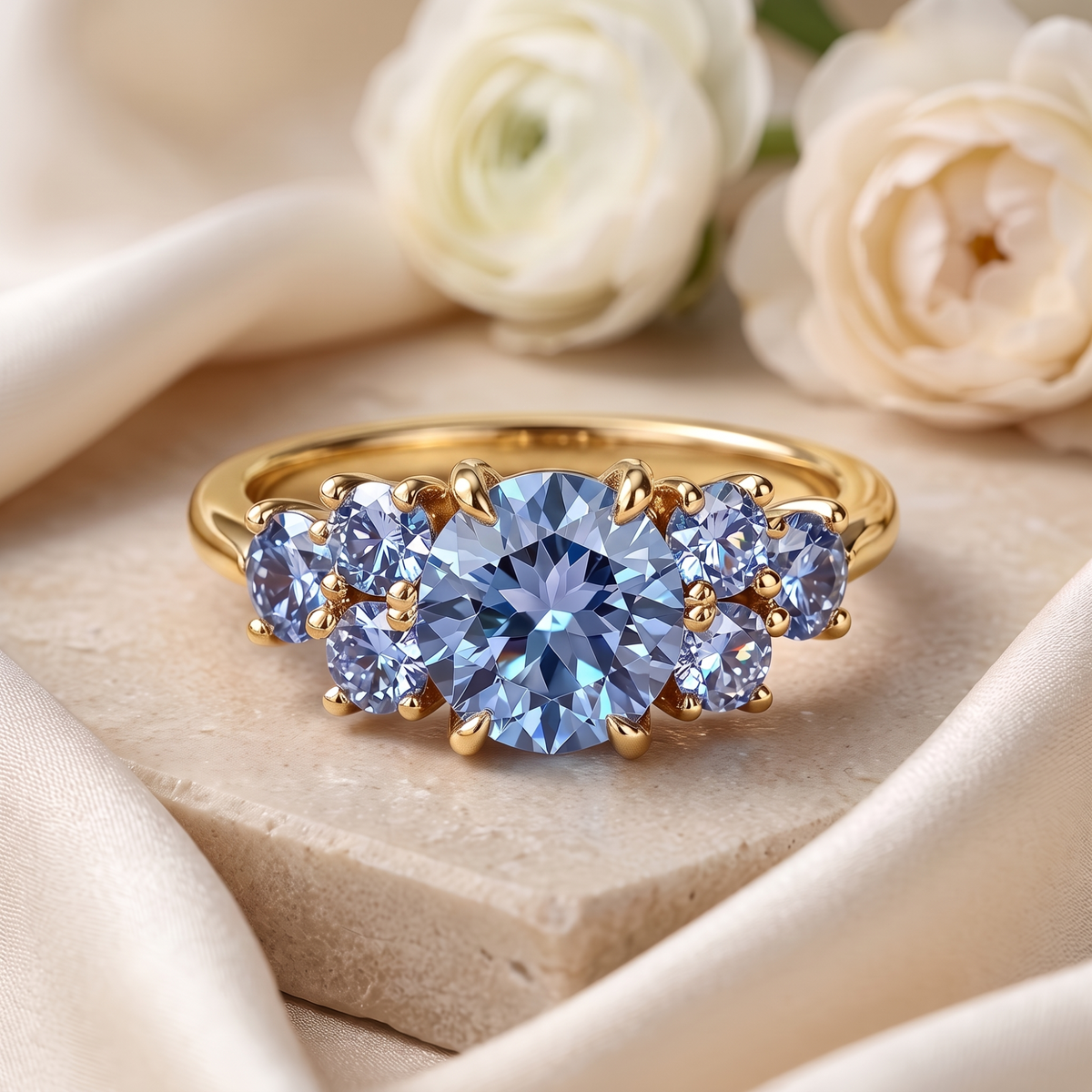 The Carina blue gemstone ring in yellow gold, front product view.