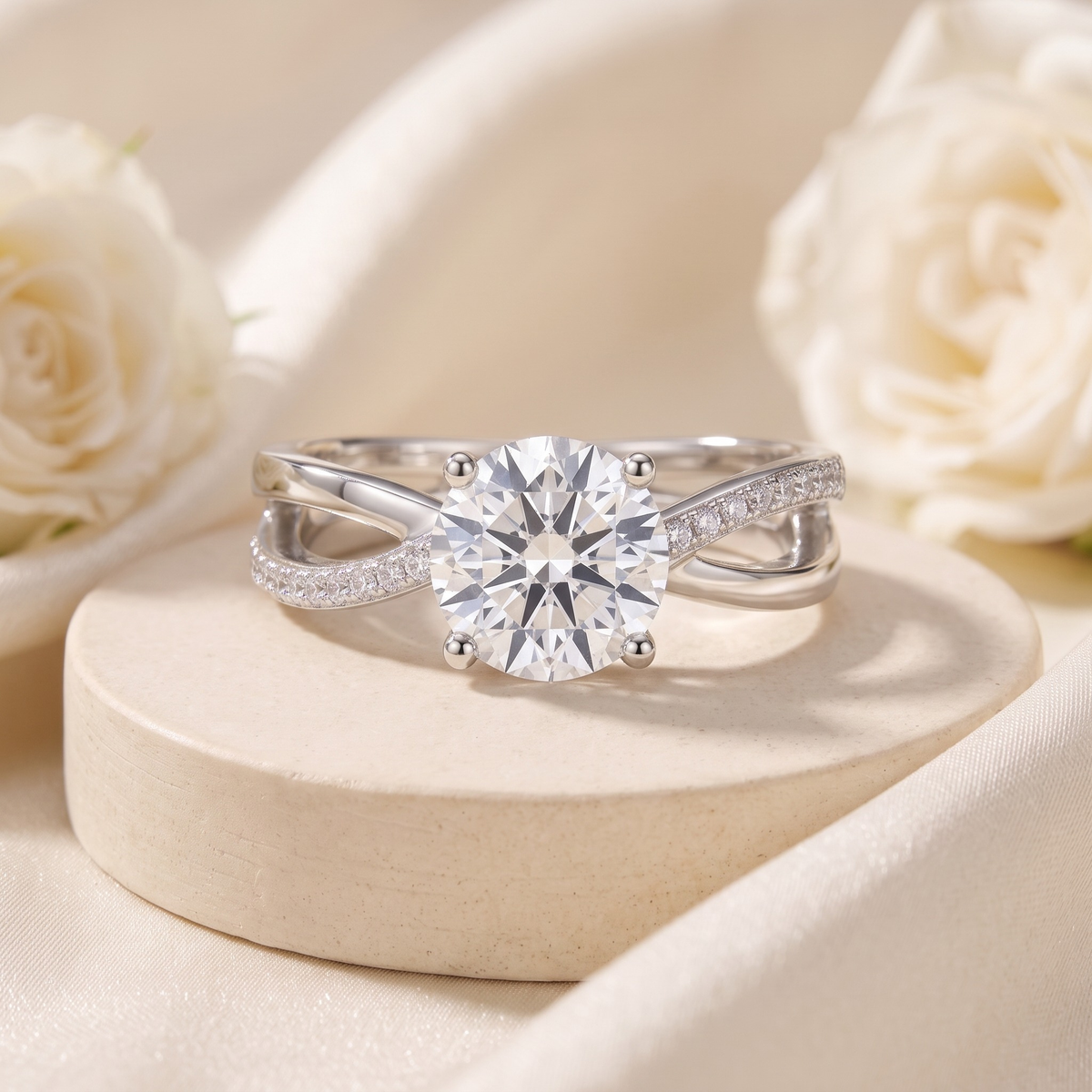 Twist pavé round moissanite ring in silver, front product view.