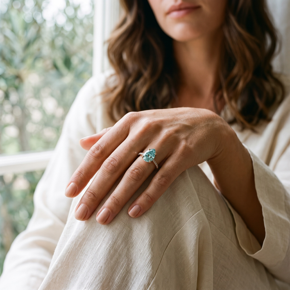 Marissa aqua-blue pear moissanite ring in rose gold, worn on a model's hand