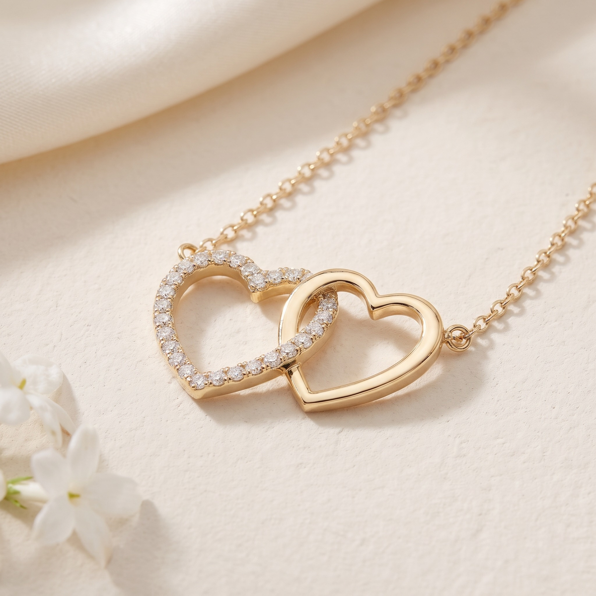 Interlocking heart necklace in yellow gold, angled close-up