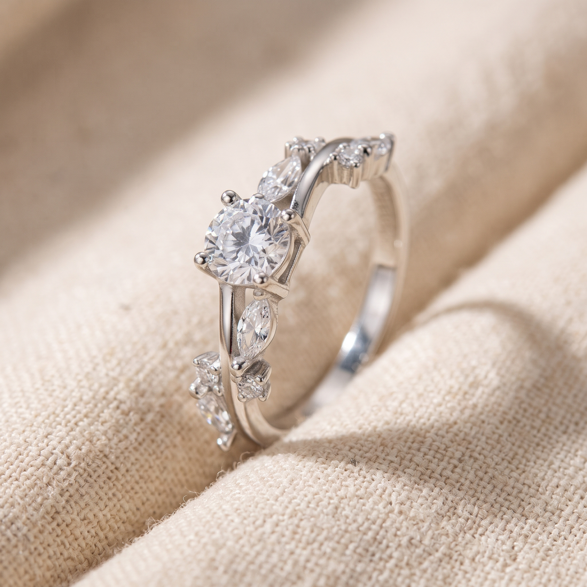 Vintage moissanite vine ring in silver, macro close-up