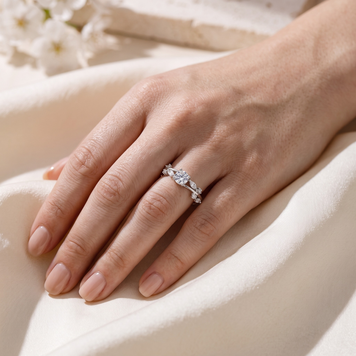 Silver vintage moissanite vine ring worn on a model hand