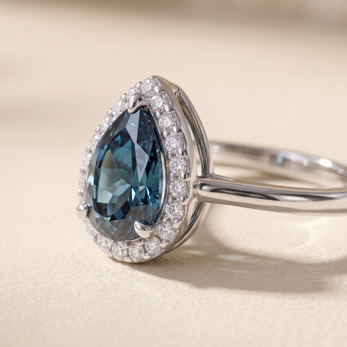 The Karina pear-cut moissanite halo ring in silver, macro close-up