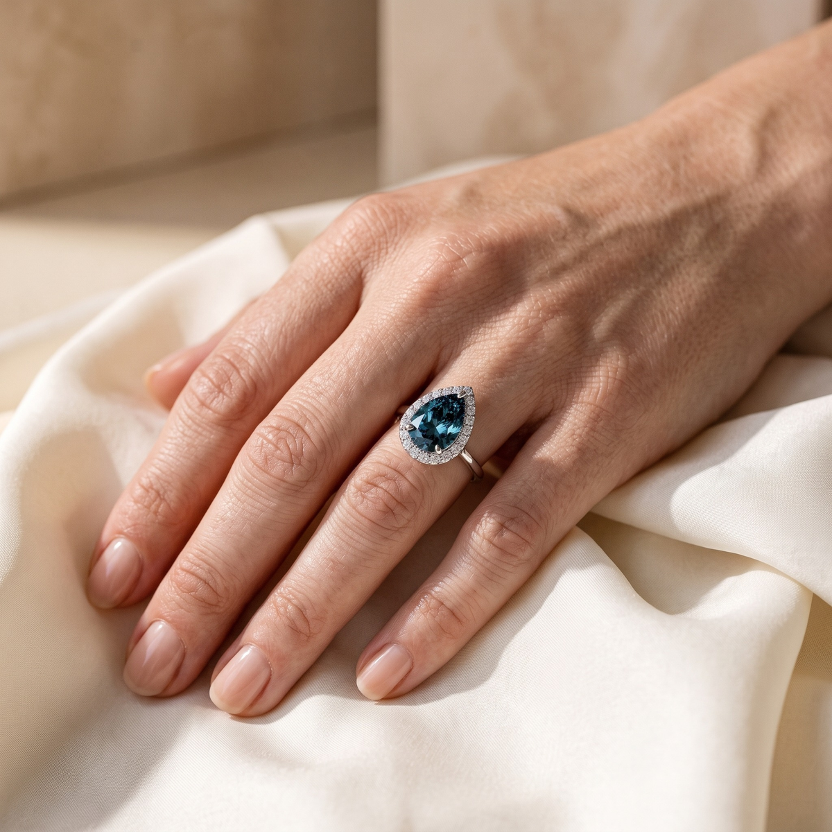 The Karina silver pear-cut halo ring worn on a model hand