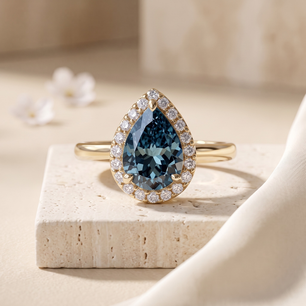 The Karina pear-cut moissanite halo ring in yellow gold, isolated product view