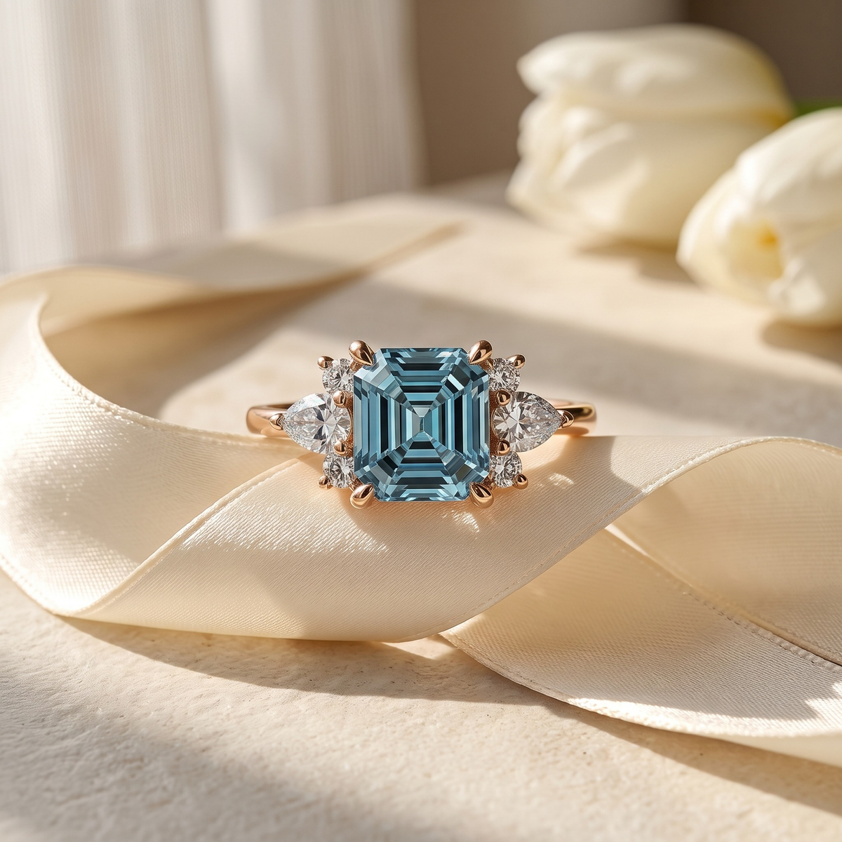 The Valencia blue moissanite ring in rose gold, isolated product view