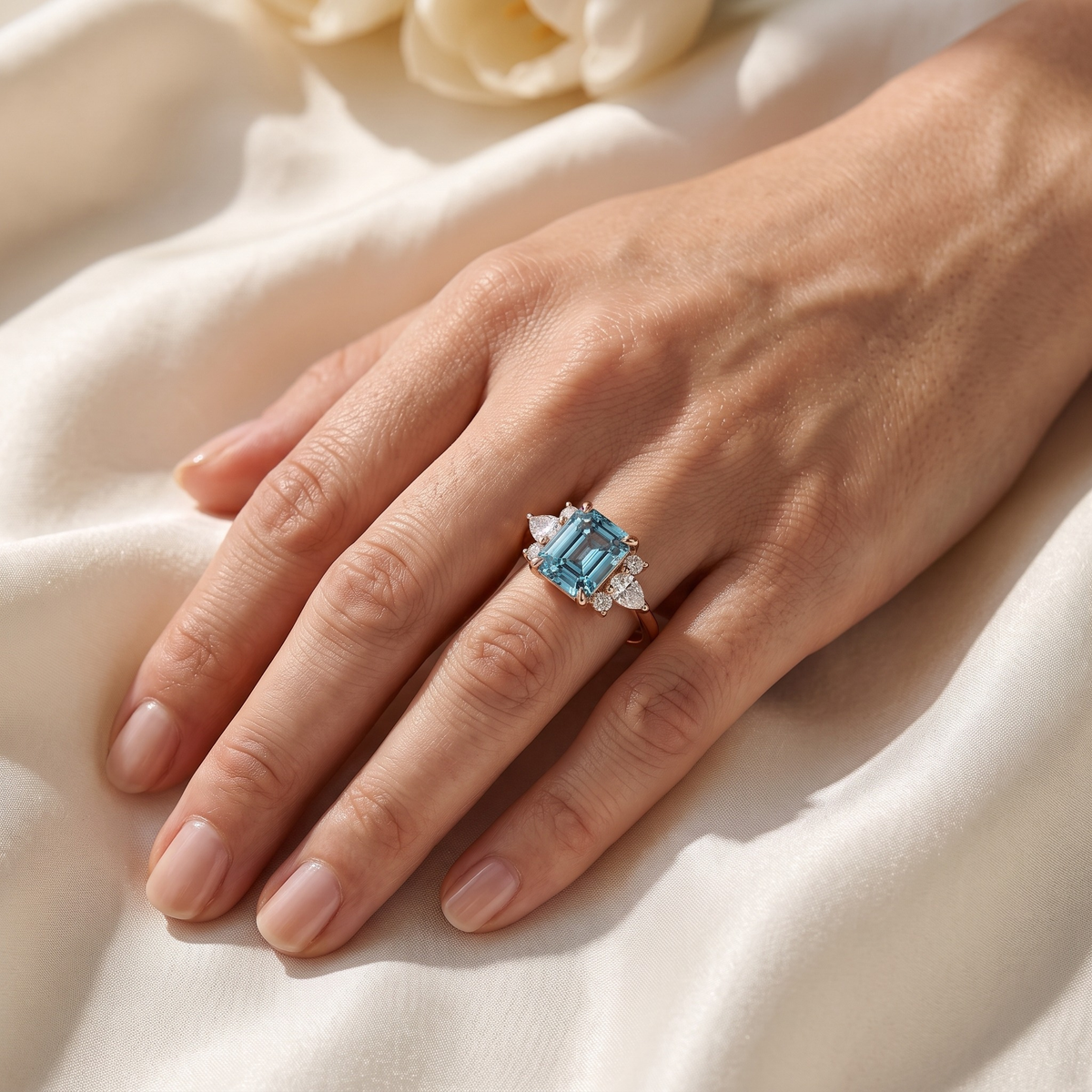 The Valencia rose gold blue moissanite ring worn on a model hand