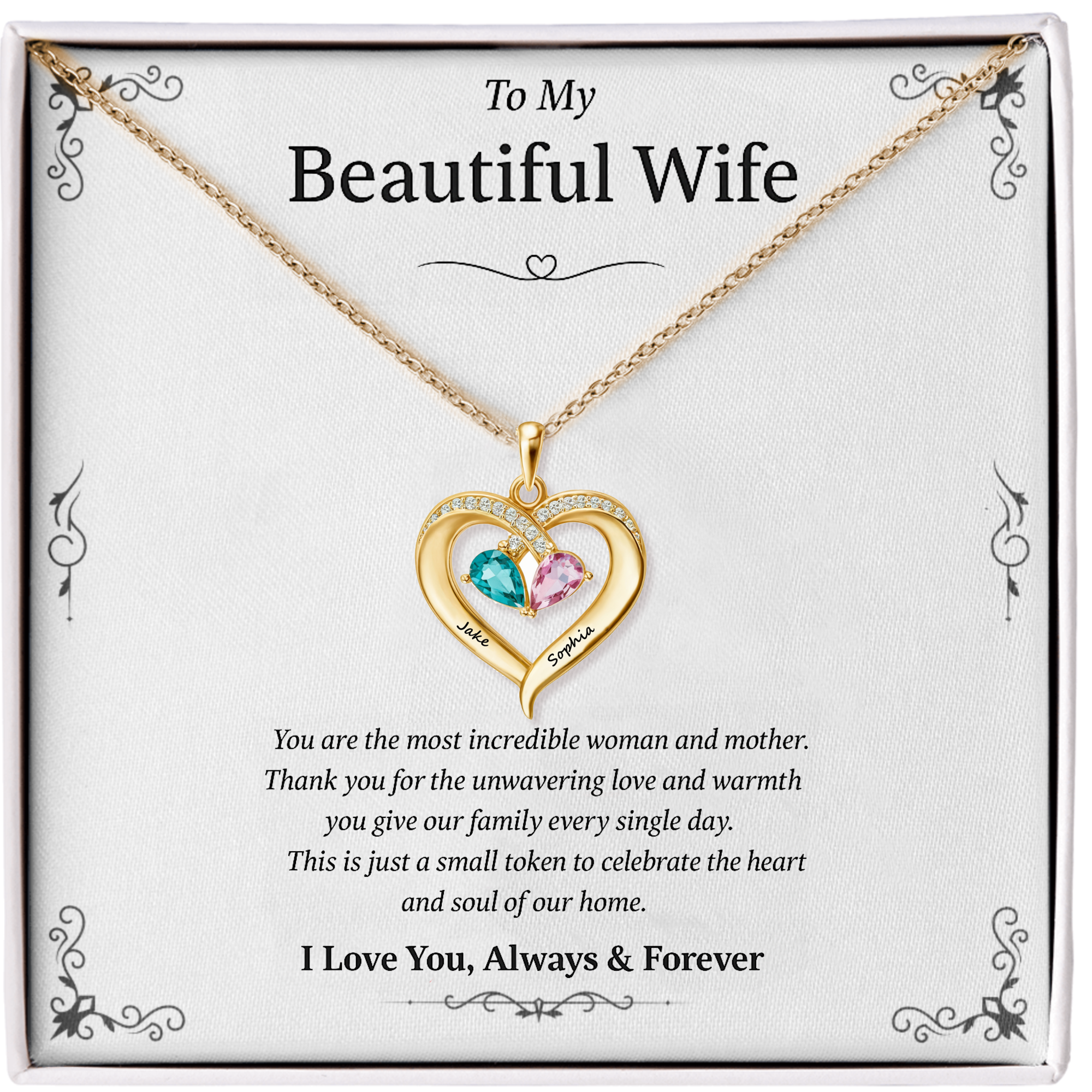 Beautiful Wife | Custom 2 Birthstones Heart Necklace