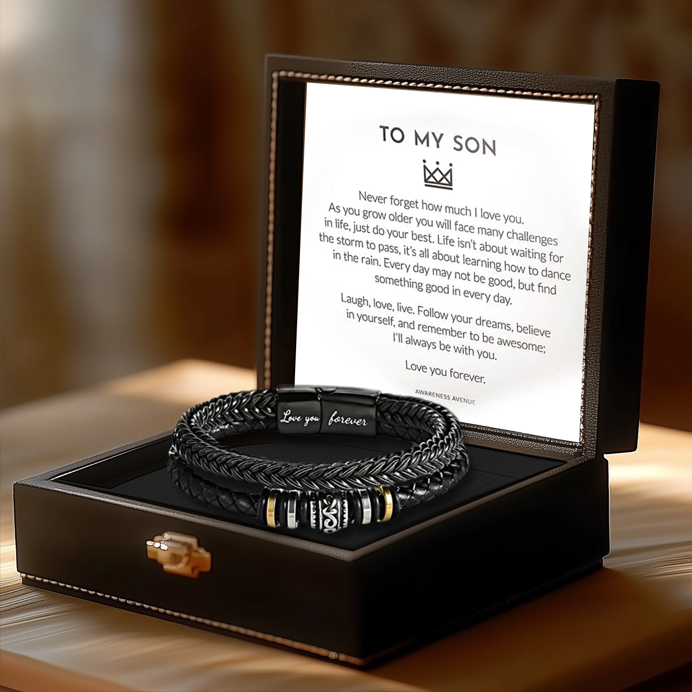 Mother and son bracelet with silver finish and engraved message of love.