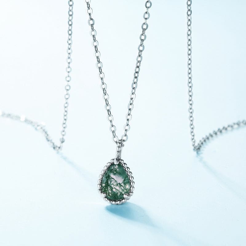 Collar con colgante de ágata musgosa natural en forma de lágrima y tejido de cesta - Plata de ley S925