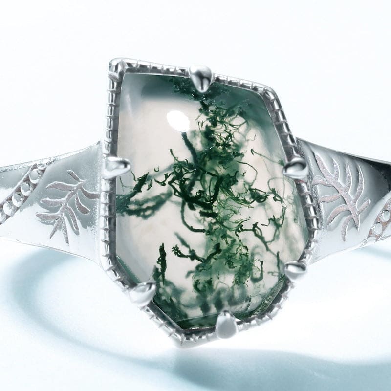 Ring mit natürlichem Moosachat-Blatt-Design im Kissenschliff – S925 Sterling Silber