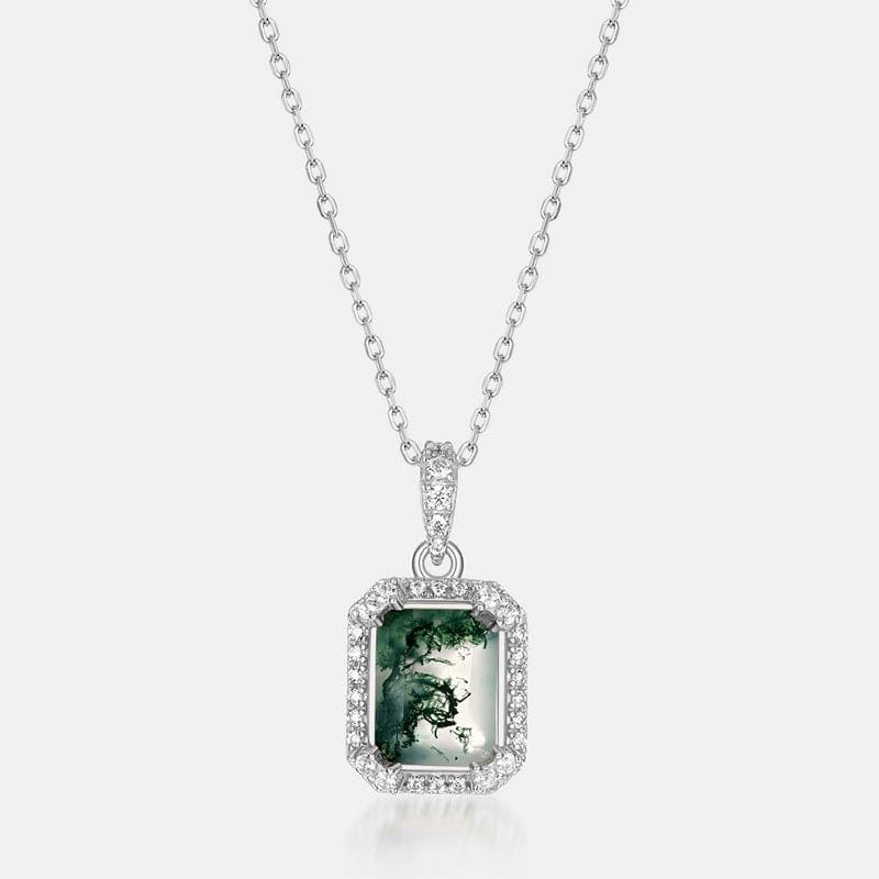 Halskette mit rechteckigem Moosachat-Anhänger mit glänzendem Rand – S925 Sterling Silber