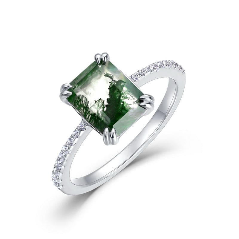 Anillo de ágata musgosa natural con corte hexagonal y diamantes pavé - Plata de ley S925