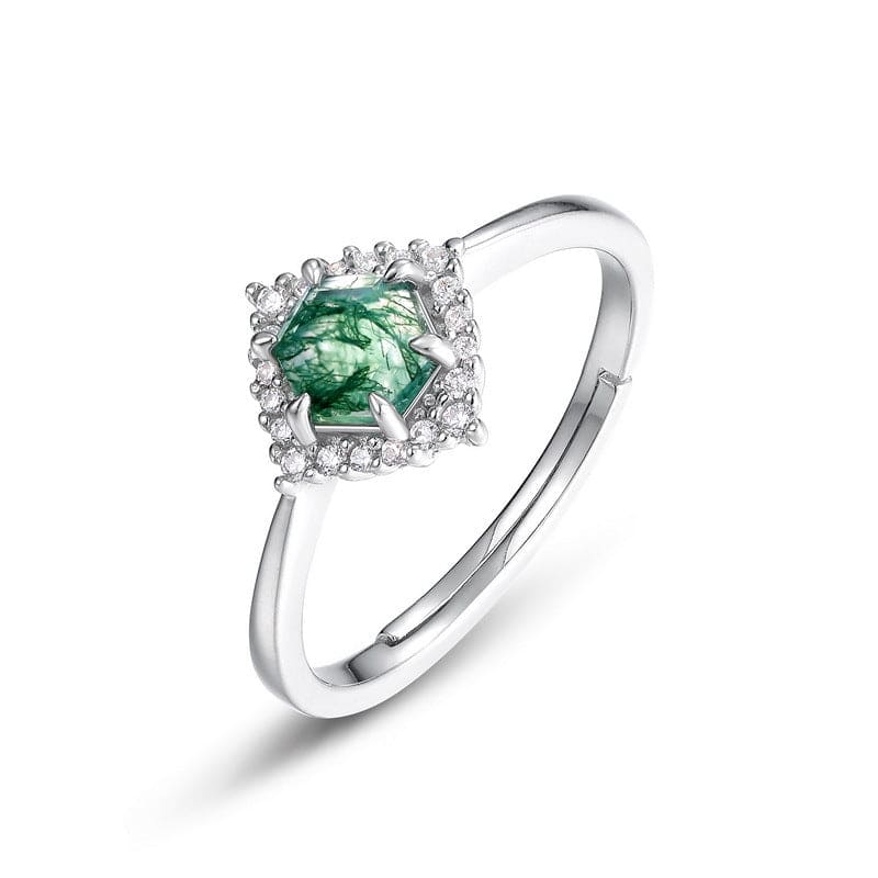 Bague Halo Diamant Agate Mousse Naturelle Hexagonale - Argent Sterling S925