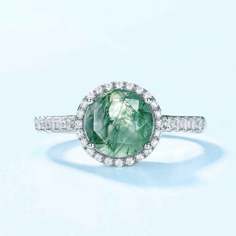 Anillo ovalado de ágata musgosa natural y detalles de diamantes - Plata de ley S925