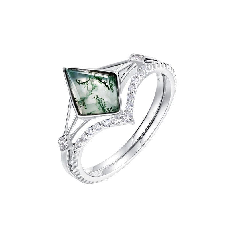 Natural Moss Agate V Cut Solitaire Ring Set - S925 Sterling Silver