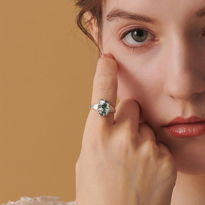 Ring mit natürlichem Moosachat-Blatt-Design im Kissenschliff – S925 Sterling Silber