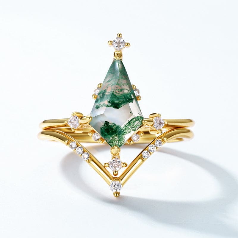 Juego de anillos de oro con ágata musgosa natural tallada a mano - Plata de ley S925