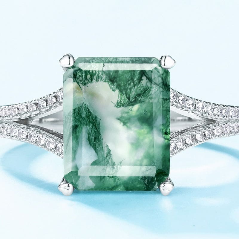Cushion Cut Natural Moss Agate Diamond Halo Ring - S925 Sterling Silver
