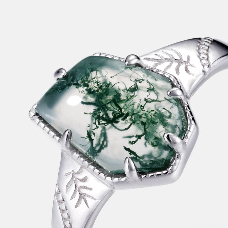 Ring mit natürlichem Moosachat-Blatt-Design im Kissenschliff – S925 Sterling Silber